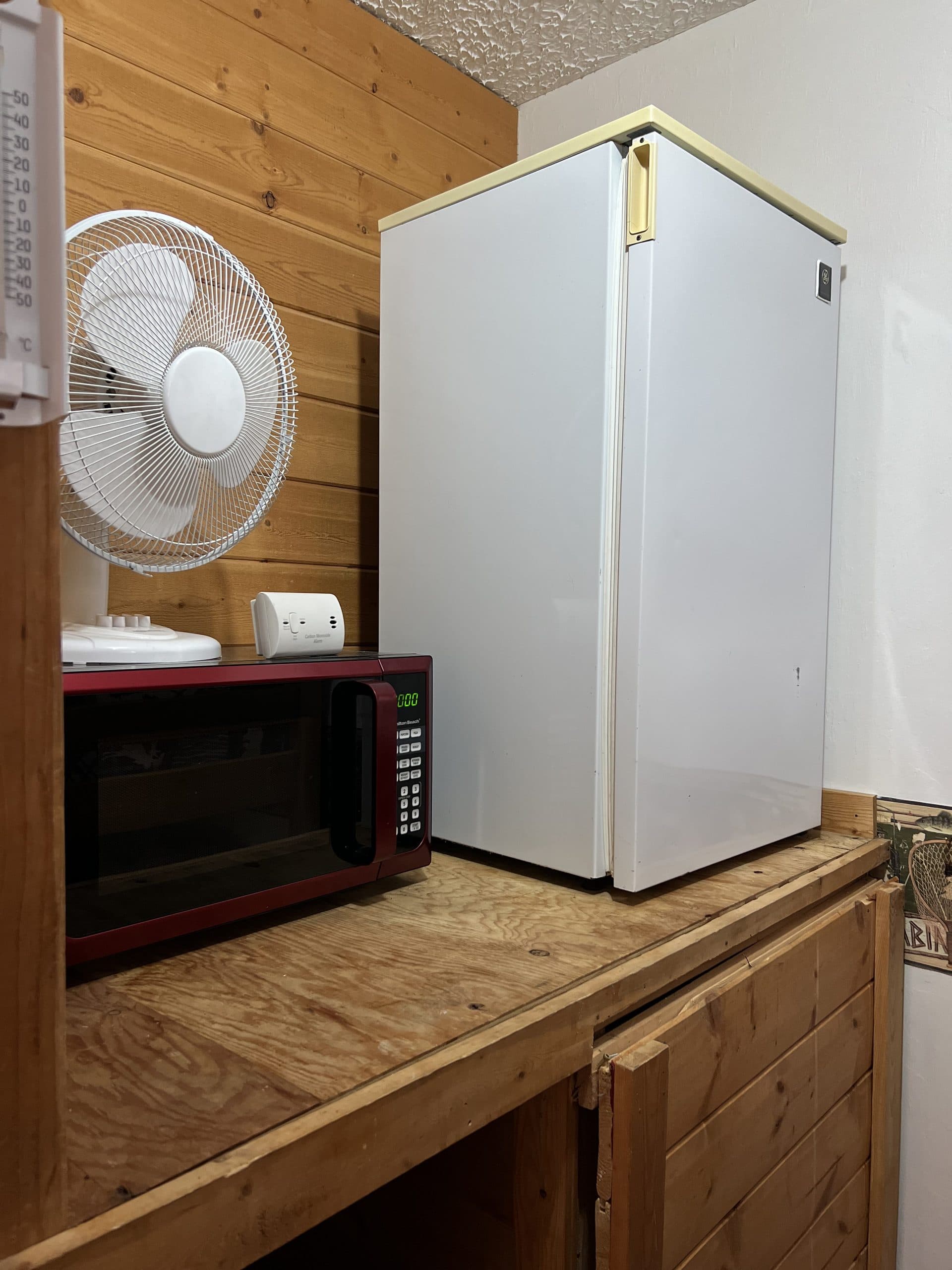 Cabin kitchenette with refrigerator, microwave, and fan