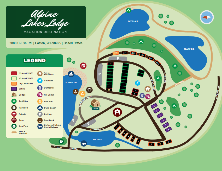 Alpine Lakes Lodge property map showing lakes, cabins, lodge, RV sites, trails, and corral